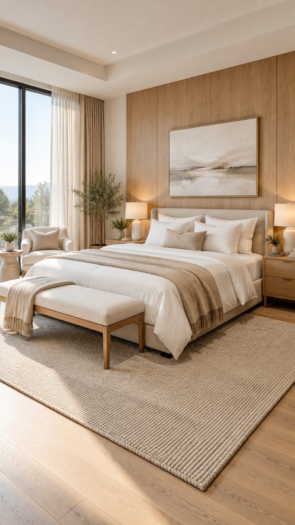 Helles Schlafzimmer mit Holzpaneel, Leinenbett und warmem Licht