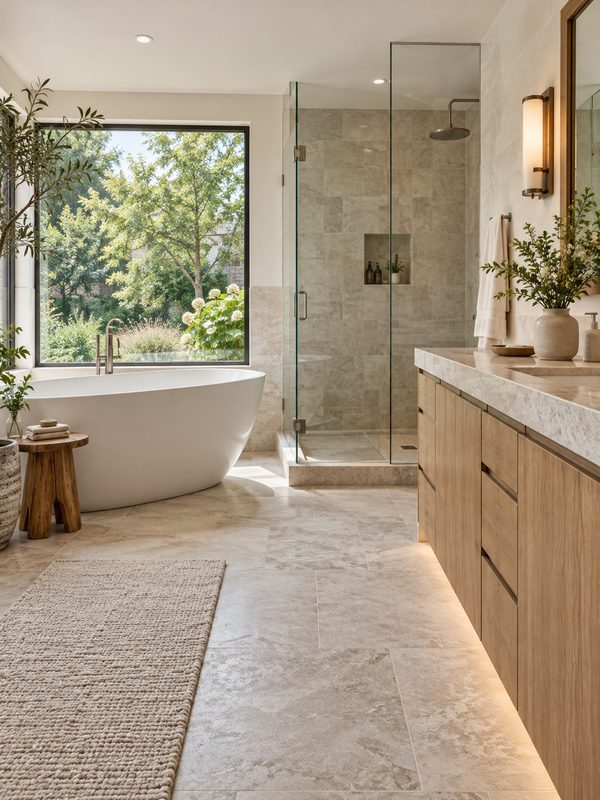 Helles Bad mit freistehender Wanne, Fenster zum Garten und Natursteinfliesen