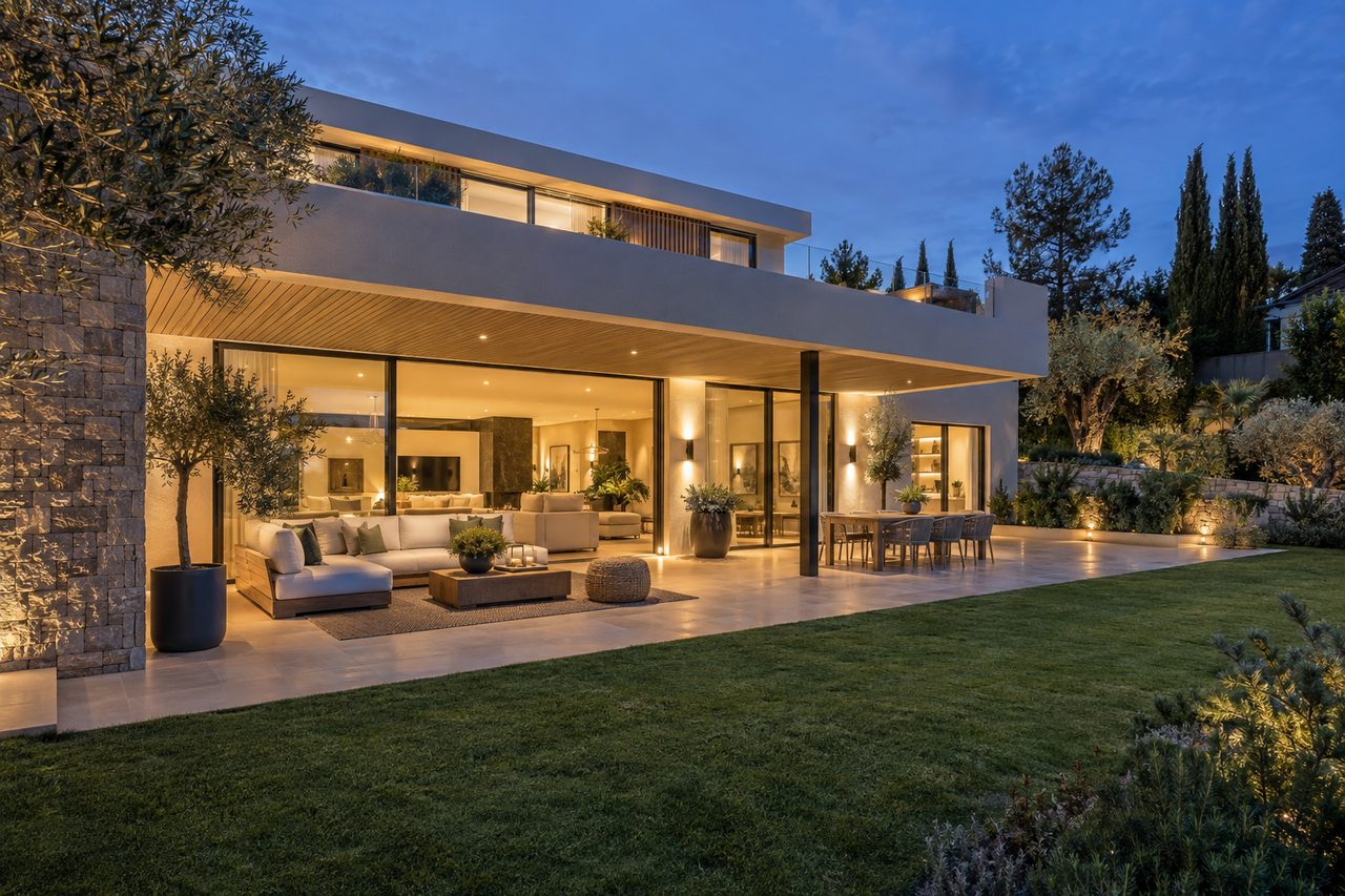 Moderne Villa mit überdachter Terrasse und warmem Licht in der Abenddämmerung