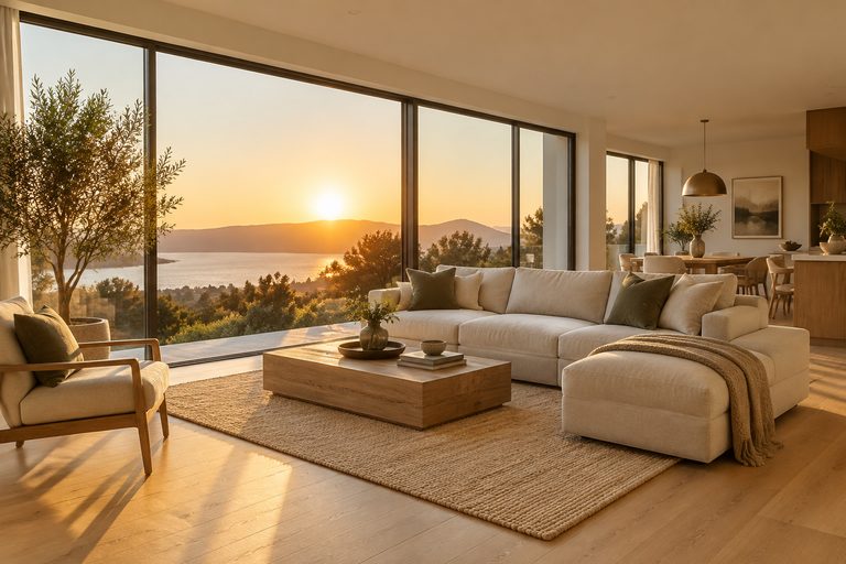 Heller Wohnraum im goldenen Abendlicht mit Sonne durch die Fensterfront