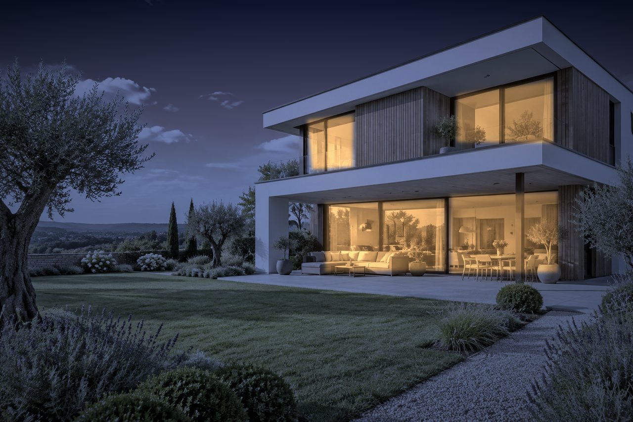 Dieselbe Villa zur blauen Stunde mit beleuchteten Fenstern