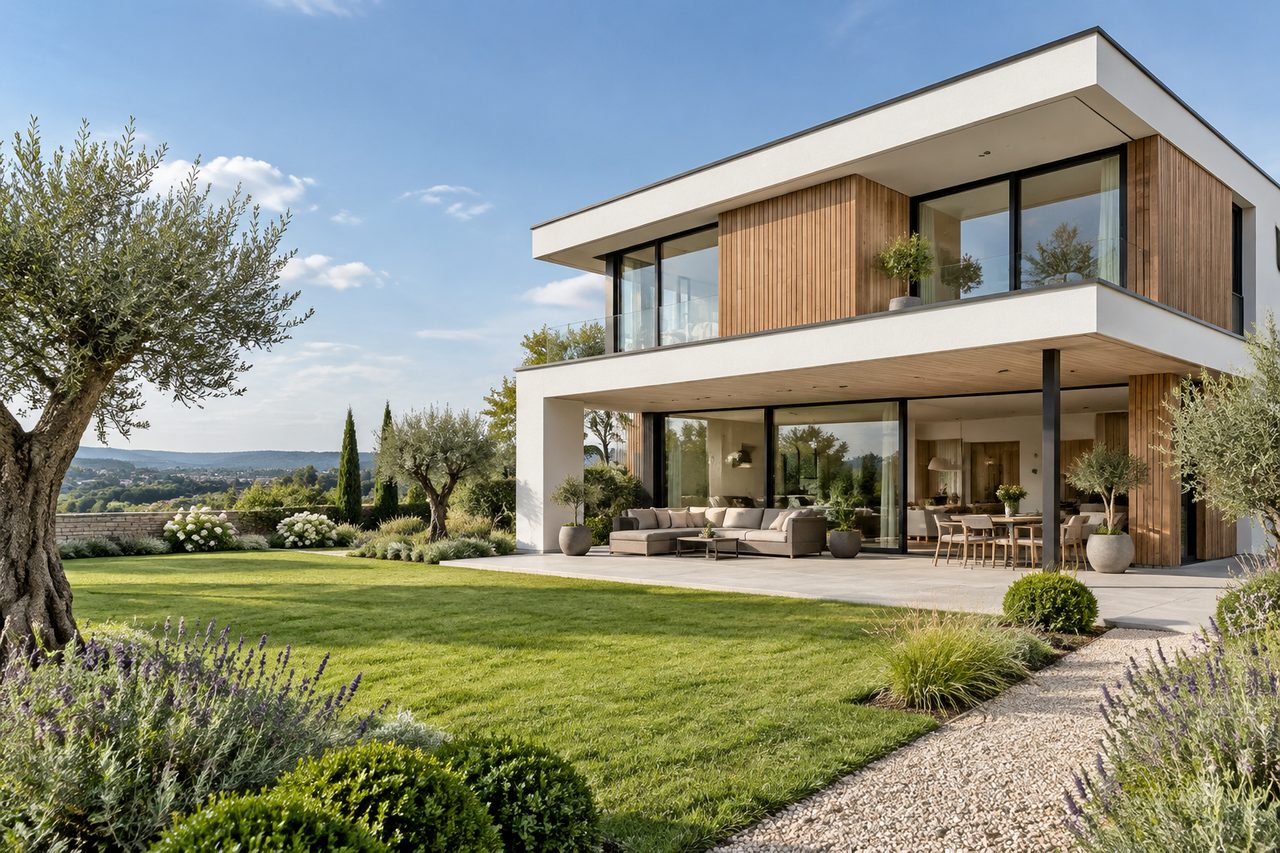Moderne Villa mit Garten und Terrasse am Tag