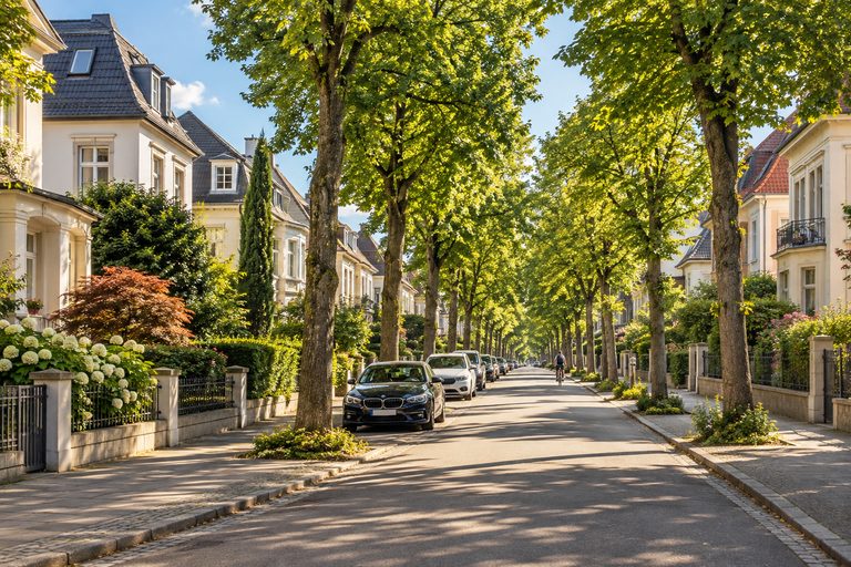 Ruhige Wohnstraße mit Lindenallee und gepflegten Stadthäusern
